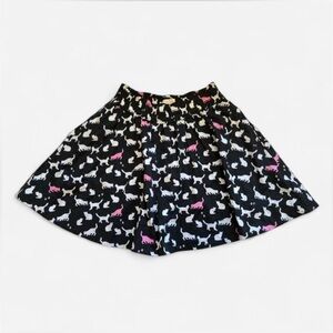 Kate Spade Skirt Black White Cats Flare Pleated Stretch Waist Mini Size L